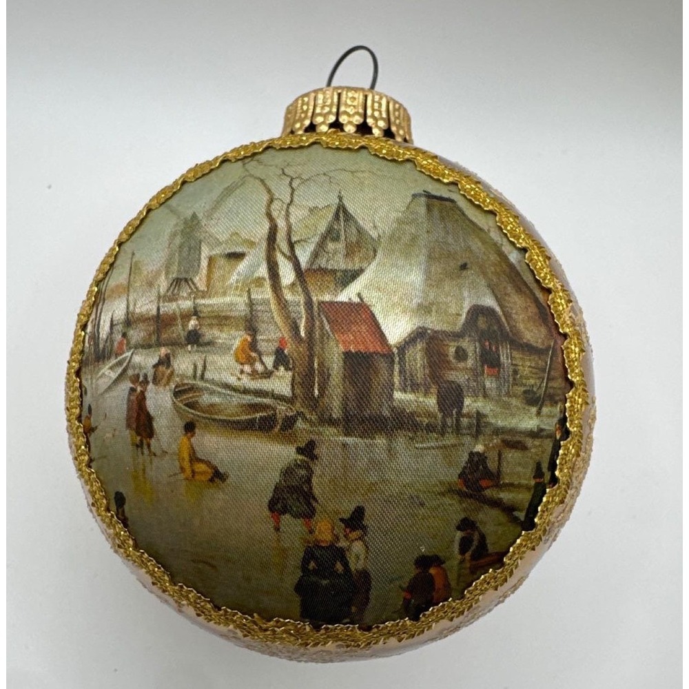 Vintage 1983 West Germany Glass Christmas Ornament Gold Winter Village Scene